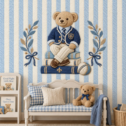 Preppy Teddy Bear Wallpaper Mural Blue Striped Embroidered Look