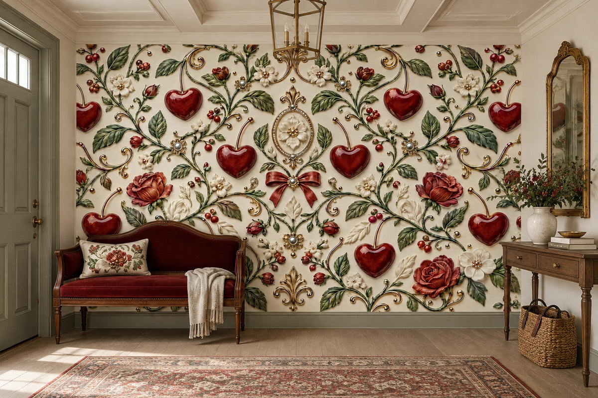 Red Roses And Heart Cherries Wallpaper Mural Cream Background