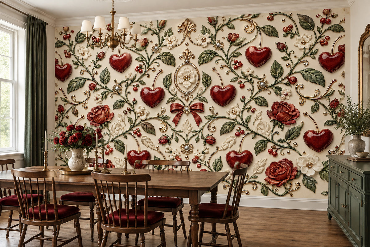 Red Roses And Heart Cherries Wallpaper Mural Cream Background
