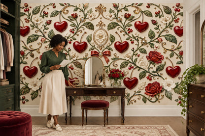 Red Roses And Heart Cherries Wallpaper Mural Cream Background