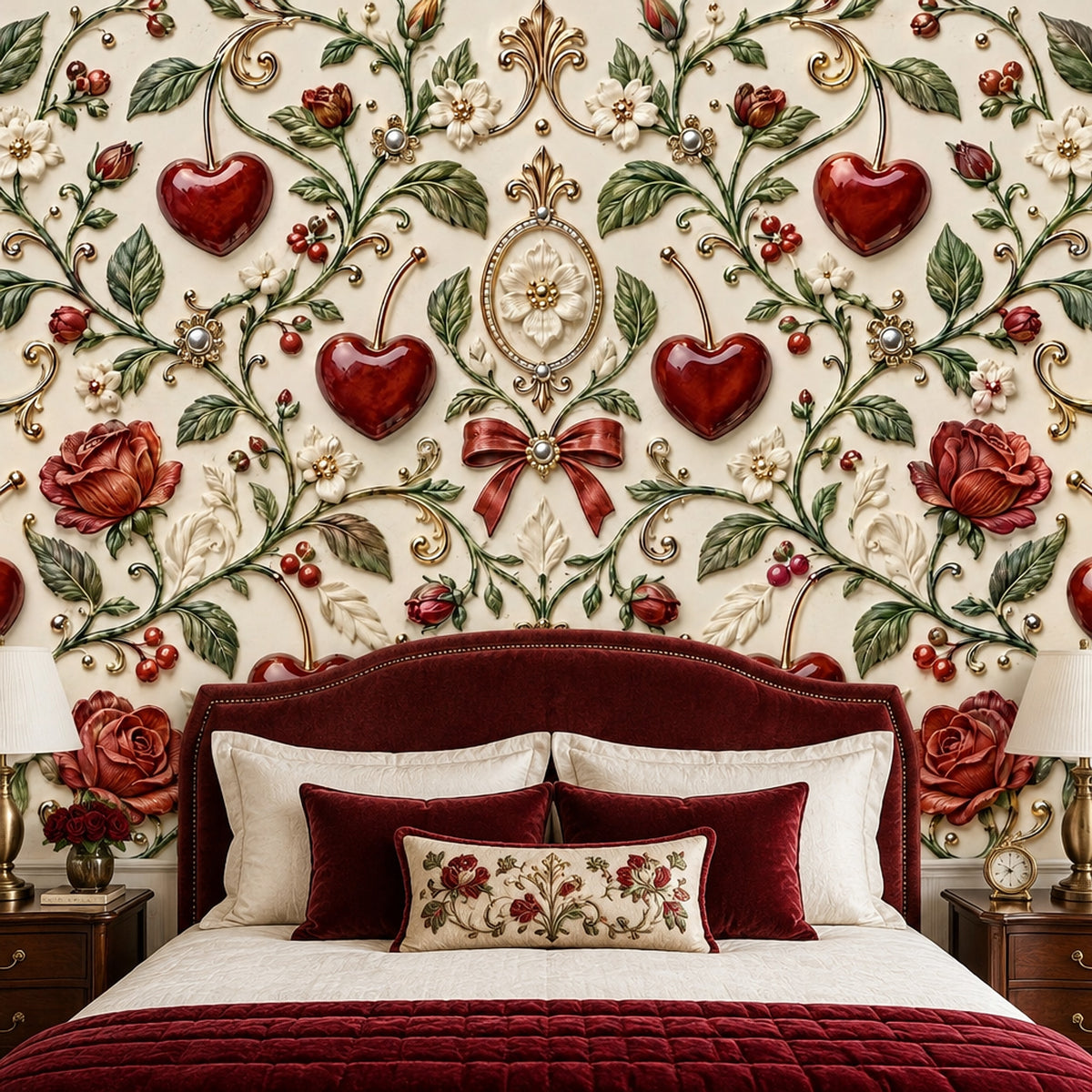 Red Roses And Heart Cherries Wallpaper Mural Cream Background