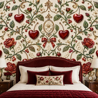 Red Roses And Heart Cherries Wallpaper Mural Cream Background