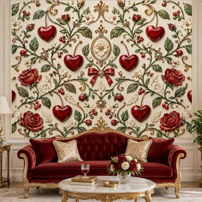 Red Roses And Heart Cherries Wallpaper Mural Cream Background