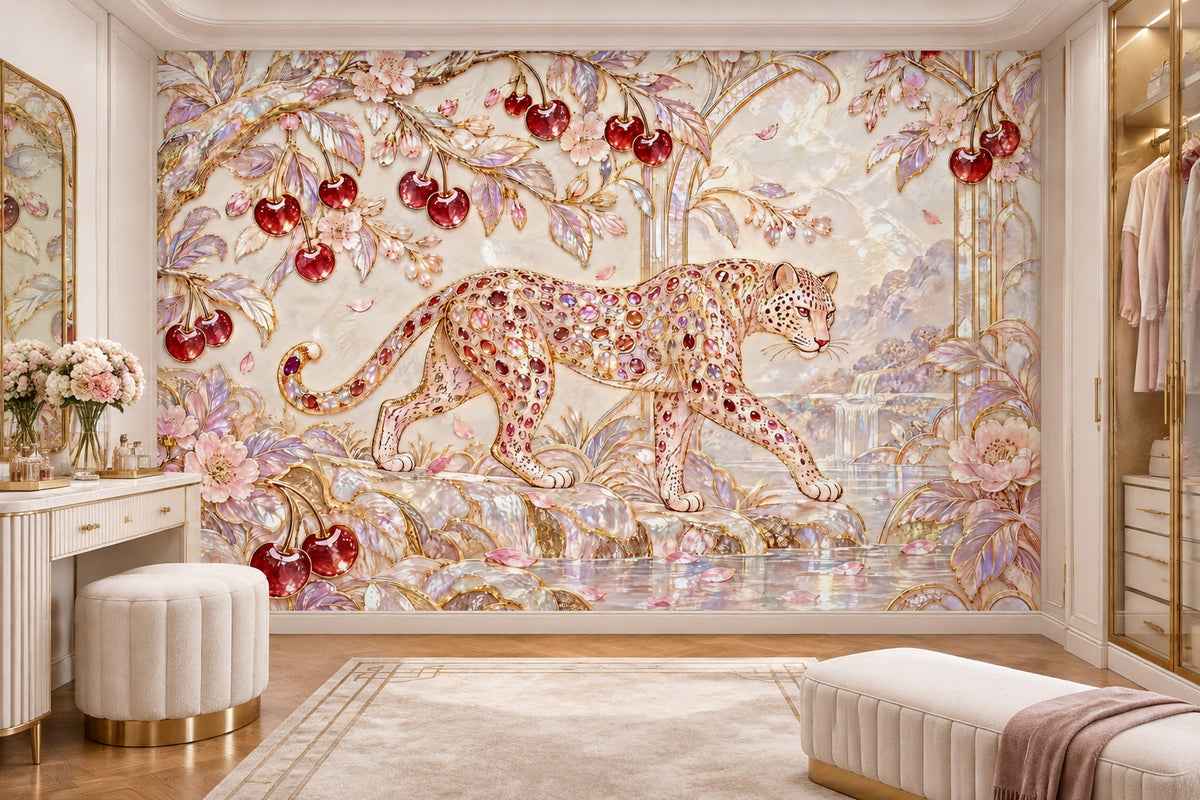 Jeweled Leopard Wallpaper Mural In Cream Gold Art Deco Style