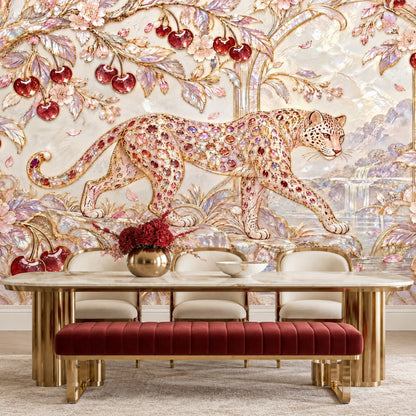 Jeweled Leopard Wallpaper Mural In Cream Gold Art Deco Style