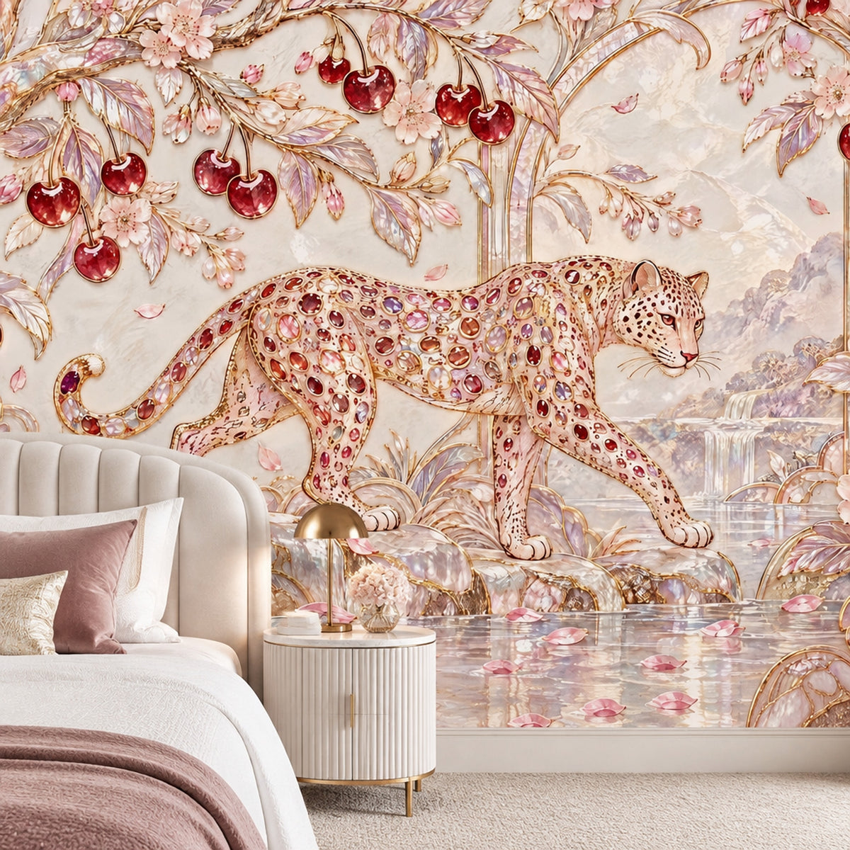 Jeweled Leopard Wallpaper Mural In Cream Gold Art Deco Style