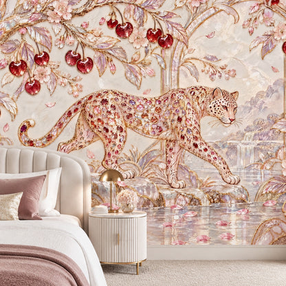 Jeweled Leopard Wallpaper Mural In Cream Gold Art Deco Style