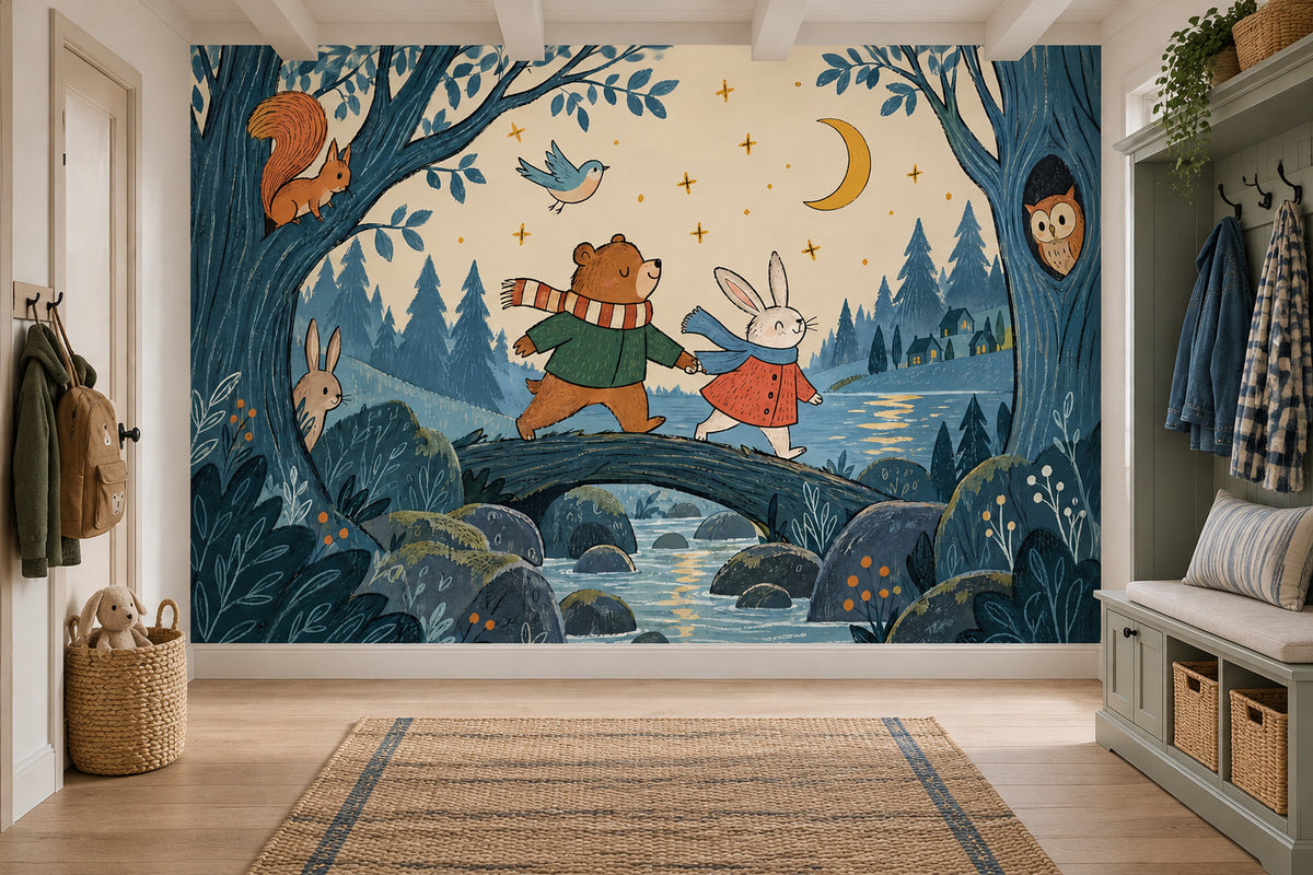 Bear And Rabbit Night Forest Wallpaper Mural Scandinavian Storybook