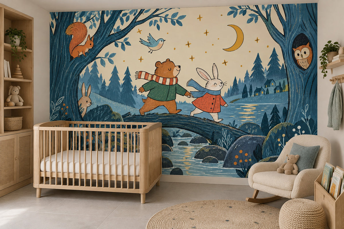Bear And Rabbit Night Forest Wallpaper Mural Scandinavian Storybook