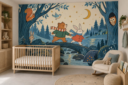 Bear And Rabbit Night Forest Wallpaper Mural Scandinavian Storybook