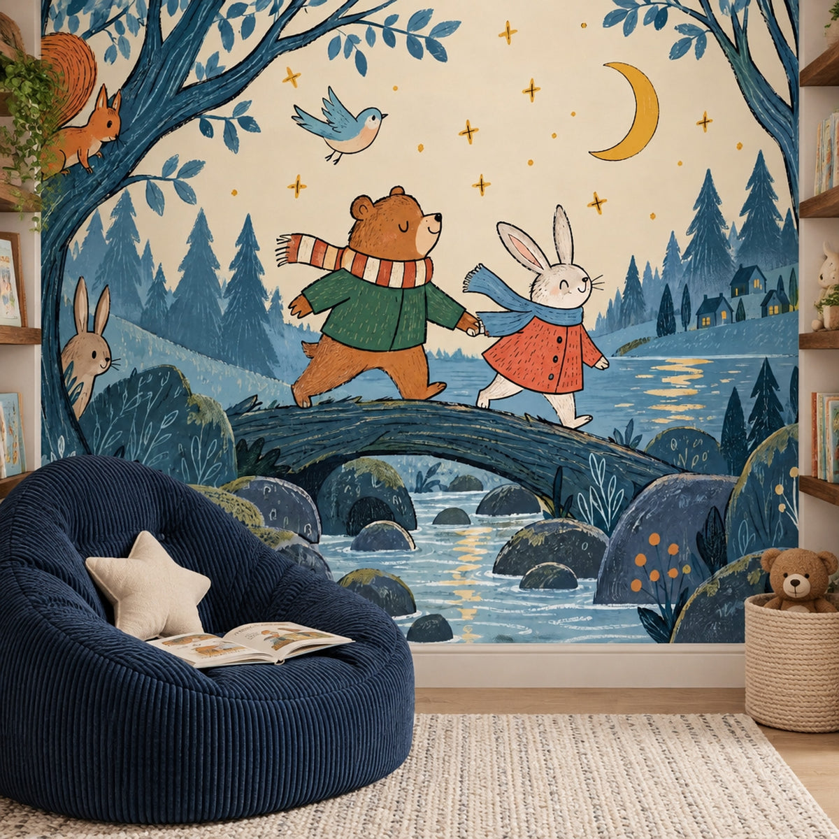 Bear And Rabbit Night Forest Wallpaper Mural Scandinavian Storybook
