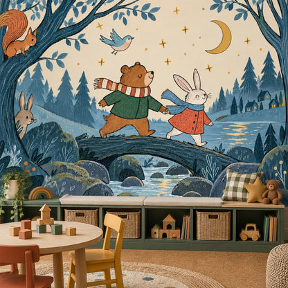 Bear And Rabbit Night Forest Wallpaper Mural Scandinavian Storybook