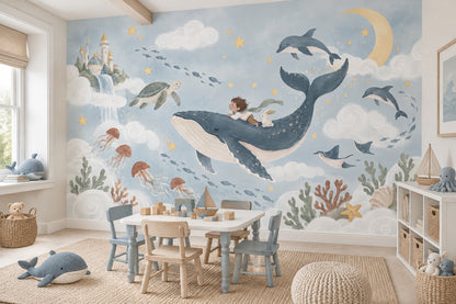 Whale And Child Fantasy Ocean Wallpaper Mural Watercolor Pastel Blue