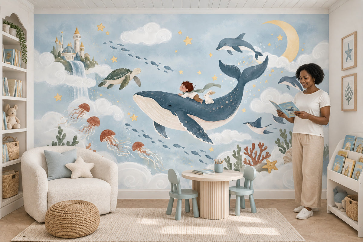 Whale And Child Fantasy Ocean Wallpaper Mural Watercolor Pastel Blue