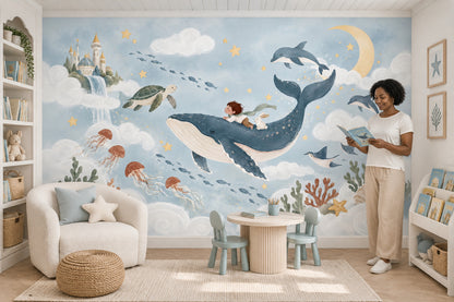 Whale And Child Fantasy Ocean Wallpaper Mural Watercolor Pastel Blue