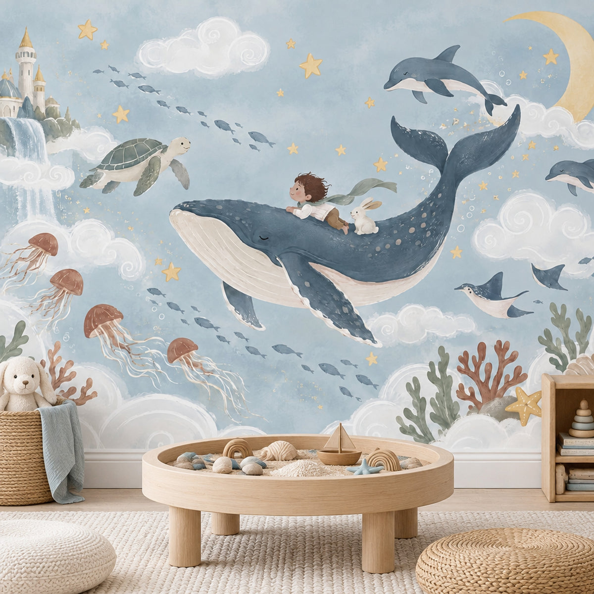 Whale And Child Fantasy Ocean Wallpaper Mural Watercolor Pastel Blue