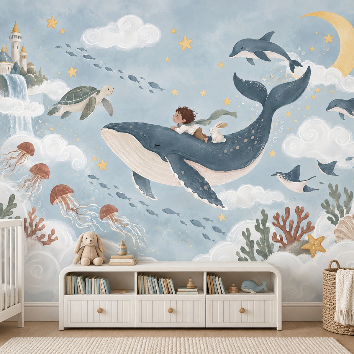 Whale And Child Fantasy Ocean Wallpaper Mural Watercolor Pastel Blue
