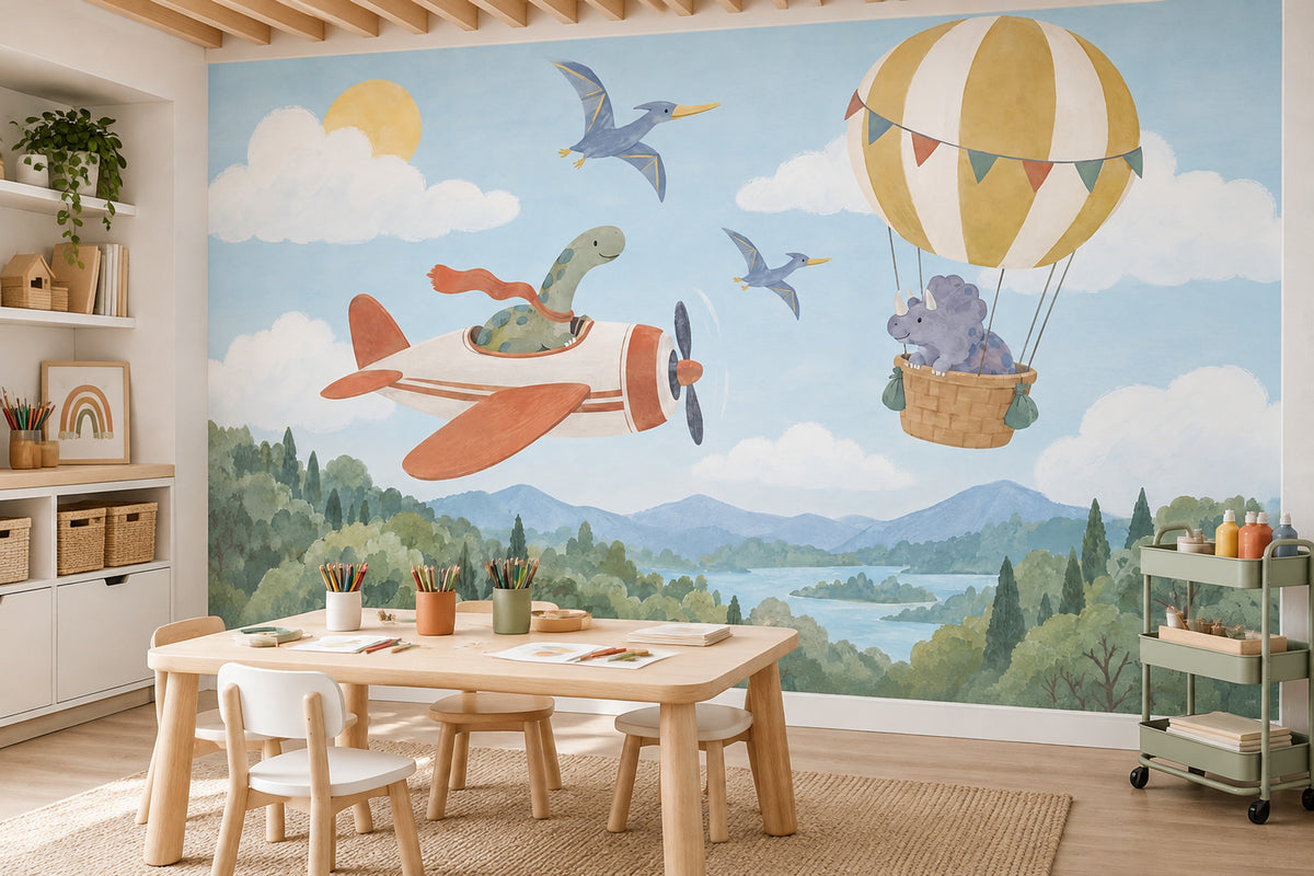 Dinosaur Airplane And Hot Air Balloon Wallpaper Mural Pastel Watercolor Sky