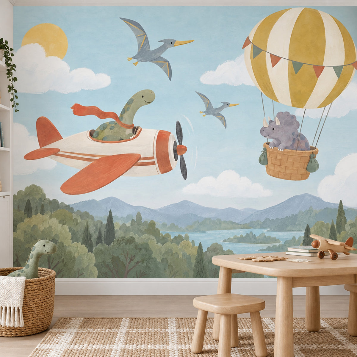 Dinosaur Airplane And Hot Air Balloon Wallpaper Mural Pastel Watercolor Sky