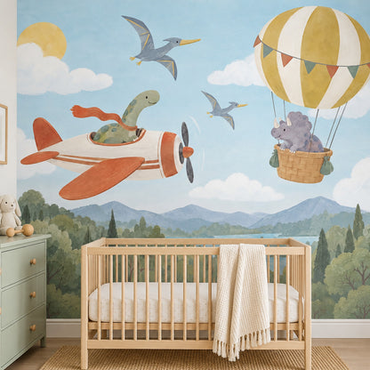 Dinosaur Airplane And Hot Air Balloon Wallpaper Mural Pastel Watercolor Sky