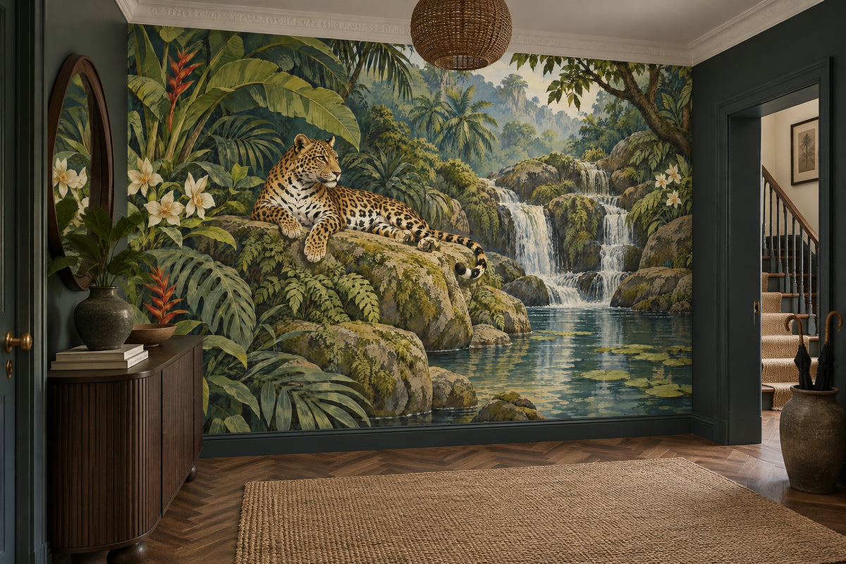 Resting Leopard Wallpaper Mural Vintage Inspired Tropical Jungle Waterfall