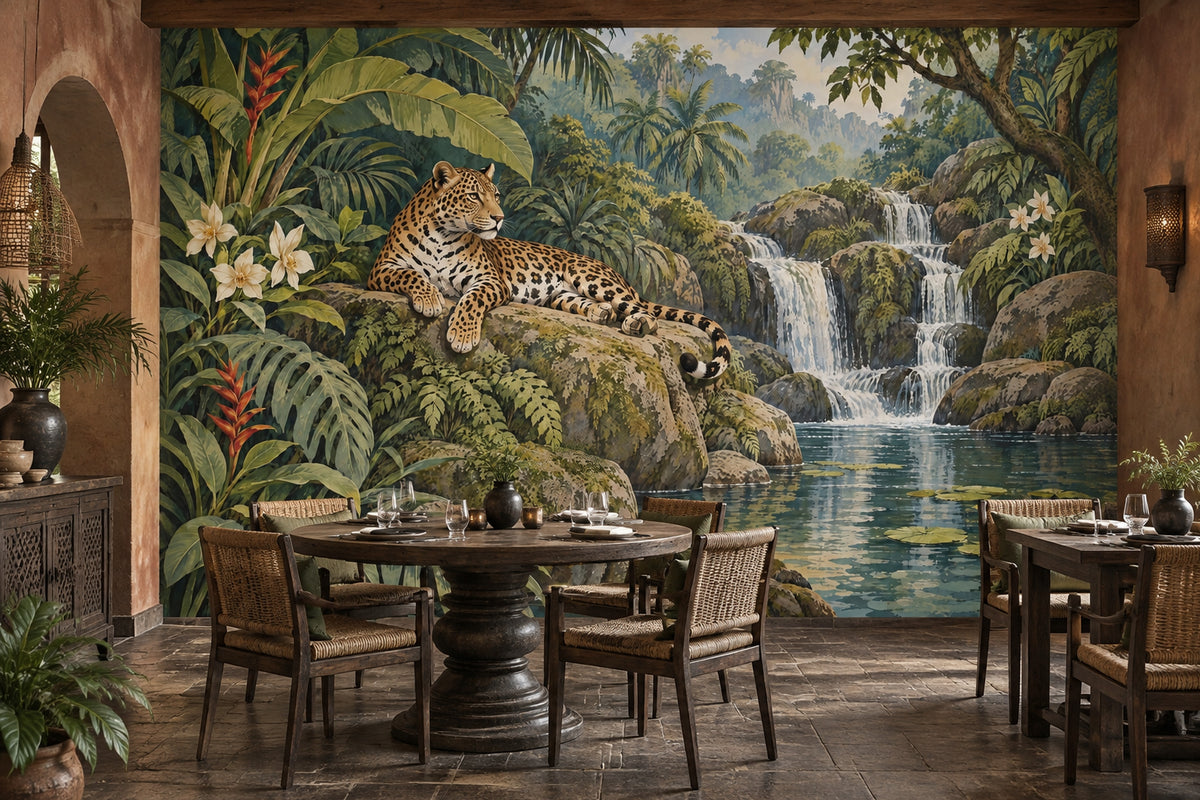 Resting Leopard Wallpaper Mural Vintage Inspired Tropical Jungle Waterfall