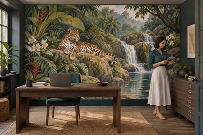 Resting Leopard Wallpaper Mural Vintage Inspired Tropical Jungle Waterfall