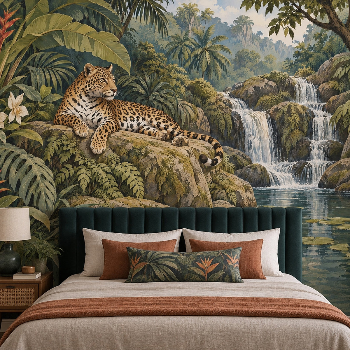 Resting Leopard Wallpaper Mural Vintage Inspired Tropical Jungle Waterfall
