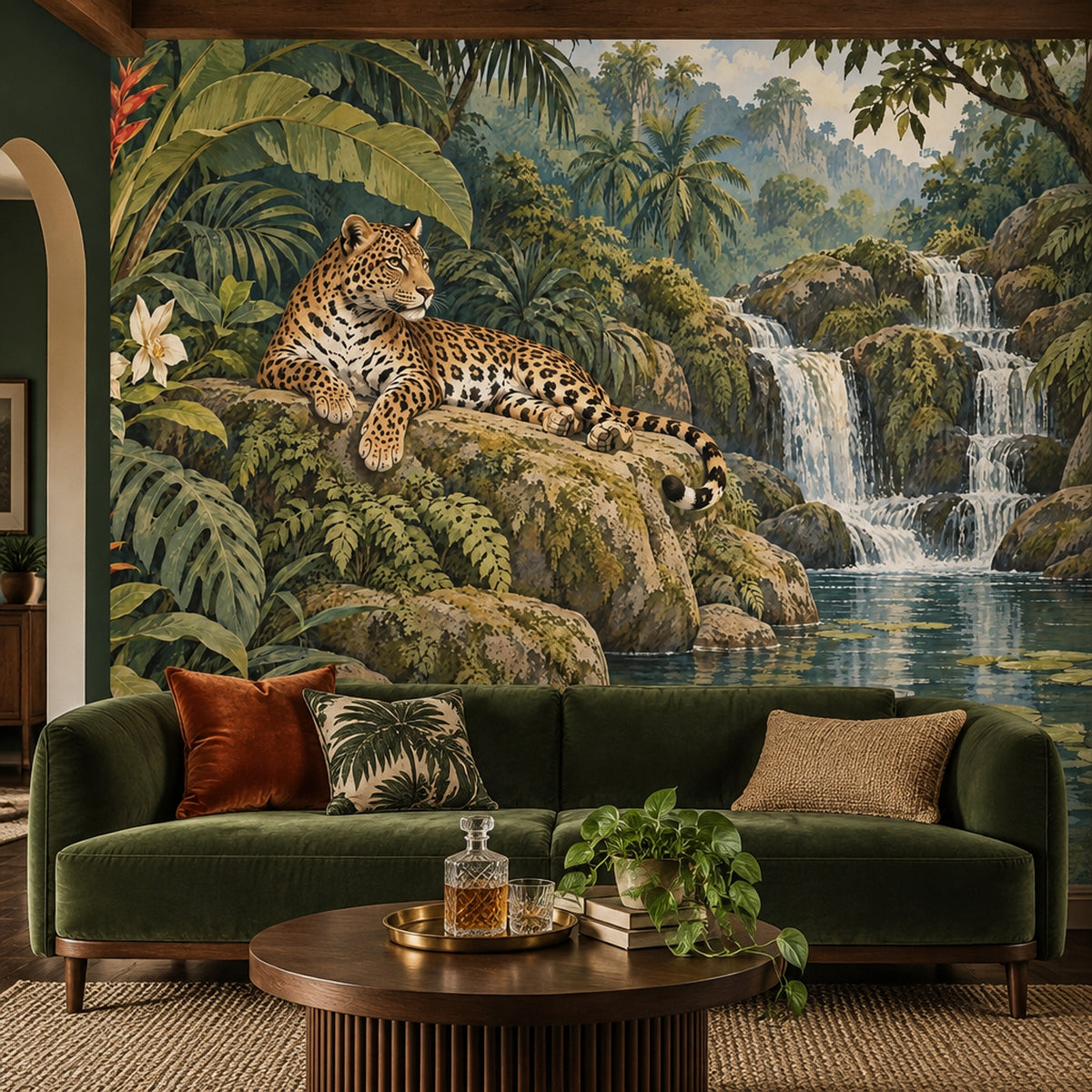 Resting Leopard Wallpaper Mural Vintage Inspired Tropical Jungle Waterfall
