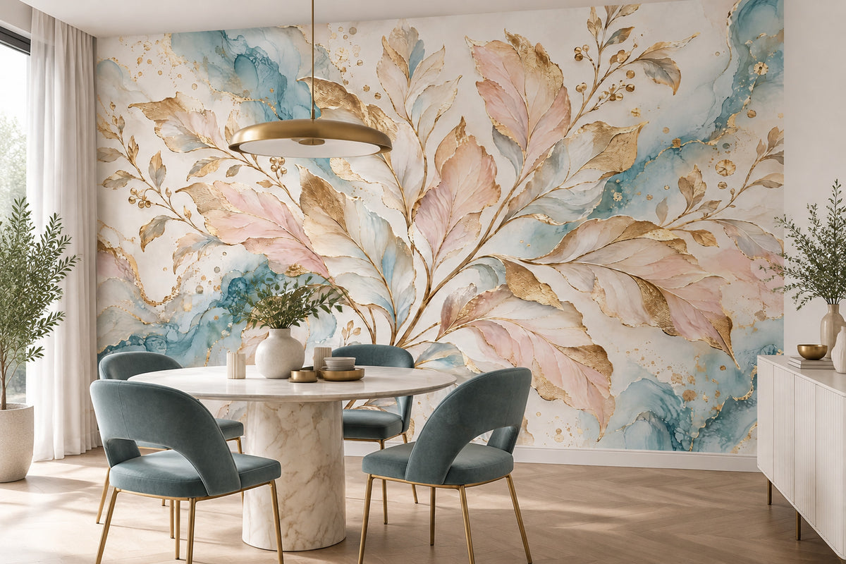 Gold Leaf Branches Wallpaper Mural In Pastel Watercolor Marble