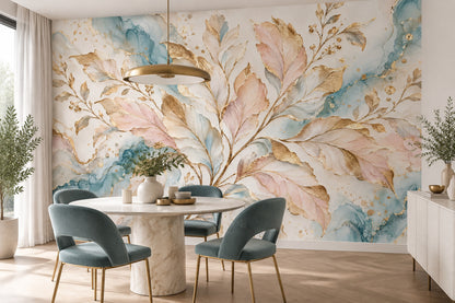 Gold Leaf Branches Wallpaper Mural In Pastel Watercolor Marble