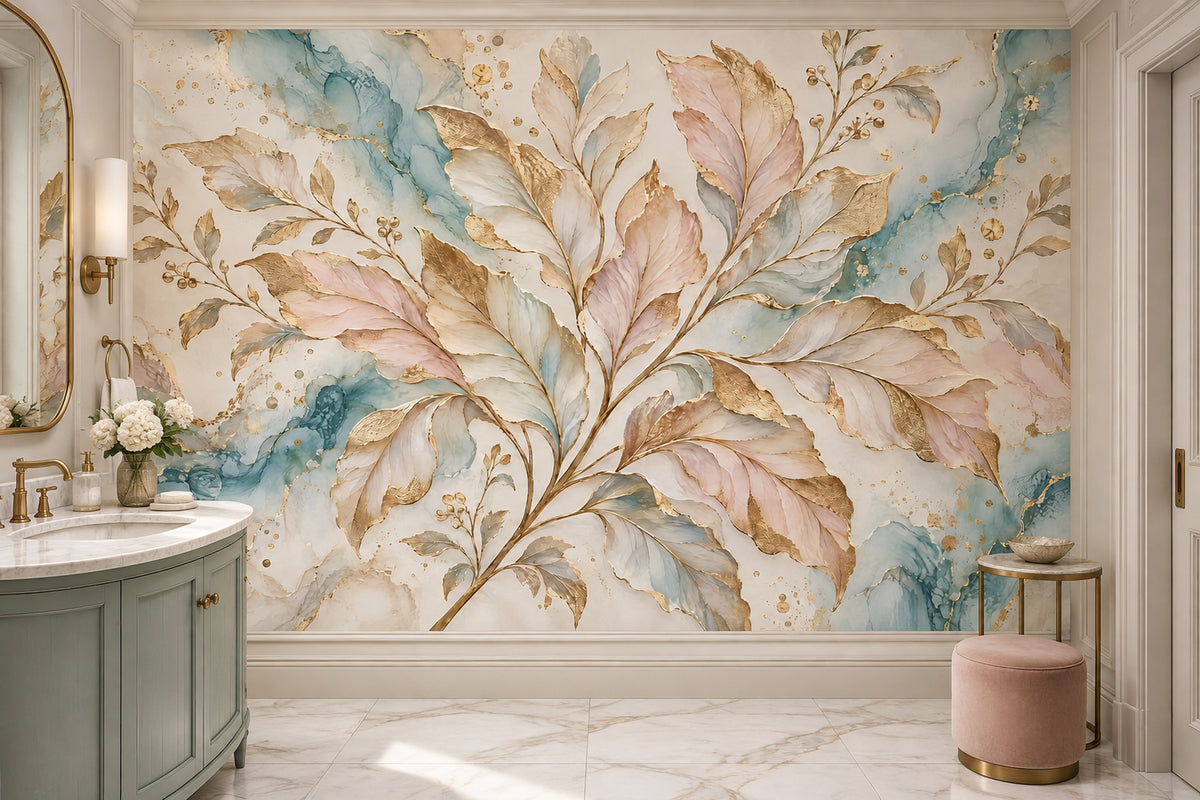 Gold Leaf Branches Wallpaper Mural In Pastel Watercolor Marble