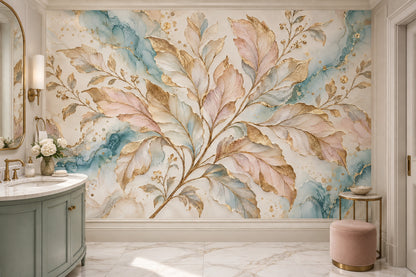 Gold Leaf Branches Wallpaper Mural In Pastel Watercolor Marble