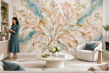 Gold Leaf Branches Wallpaper Mural In Pastel Watercolor Marble