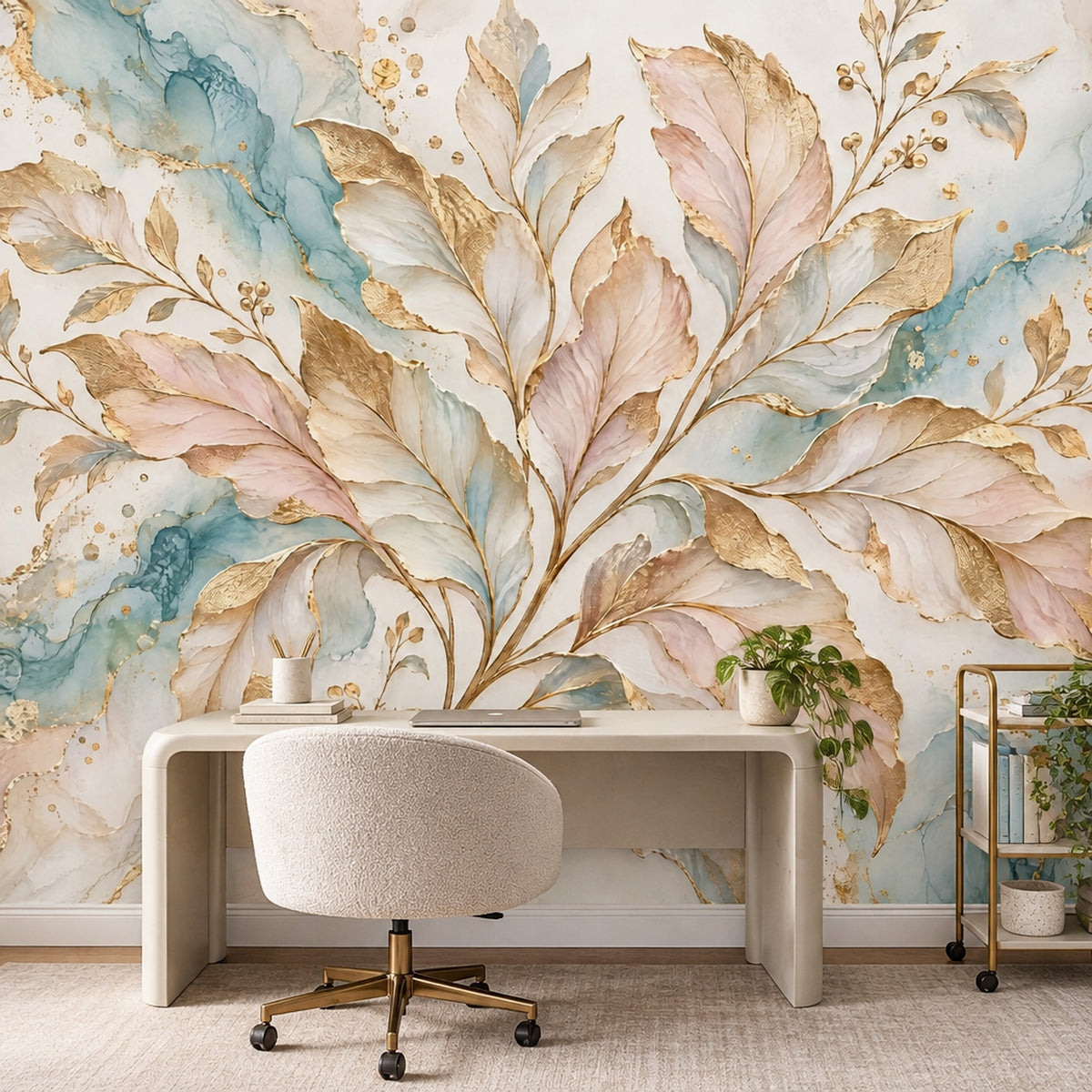 Gold Leaf Branches Wallpaper Mural In Pastel Watercolor Marble