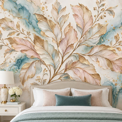 Gold Leaf Branches Wallpaper Mural In Pastel Watercolor Marble