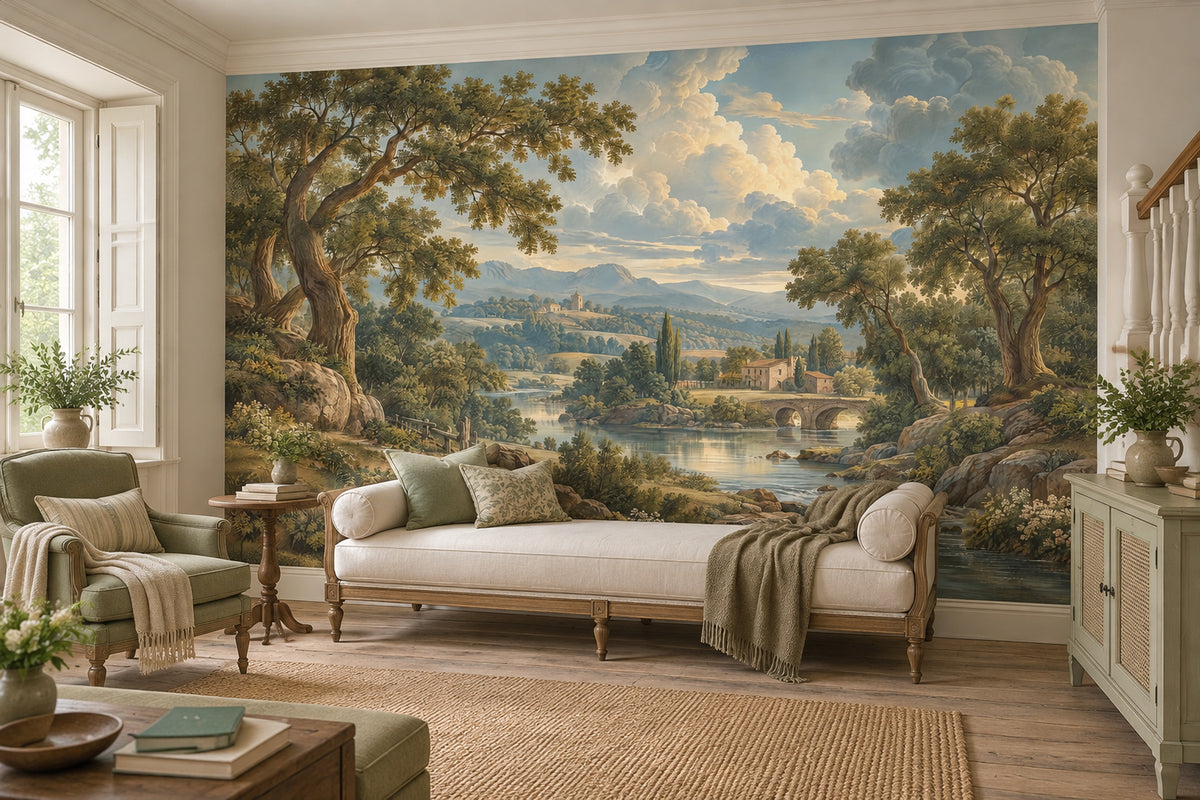 River And Stone Bridge Countryside Wallpaper Mural Vintage Inspired Landscape