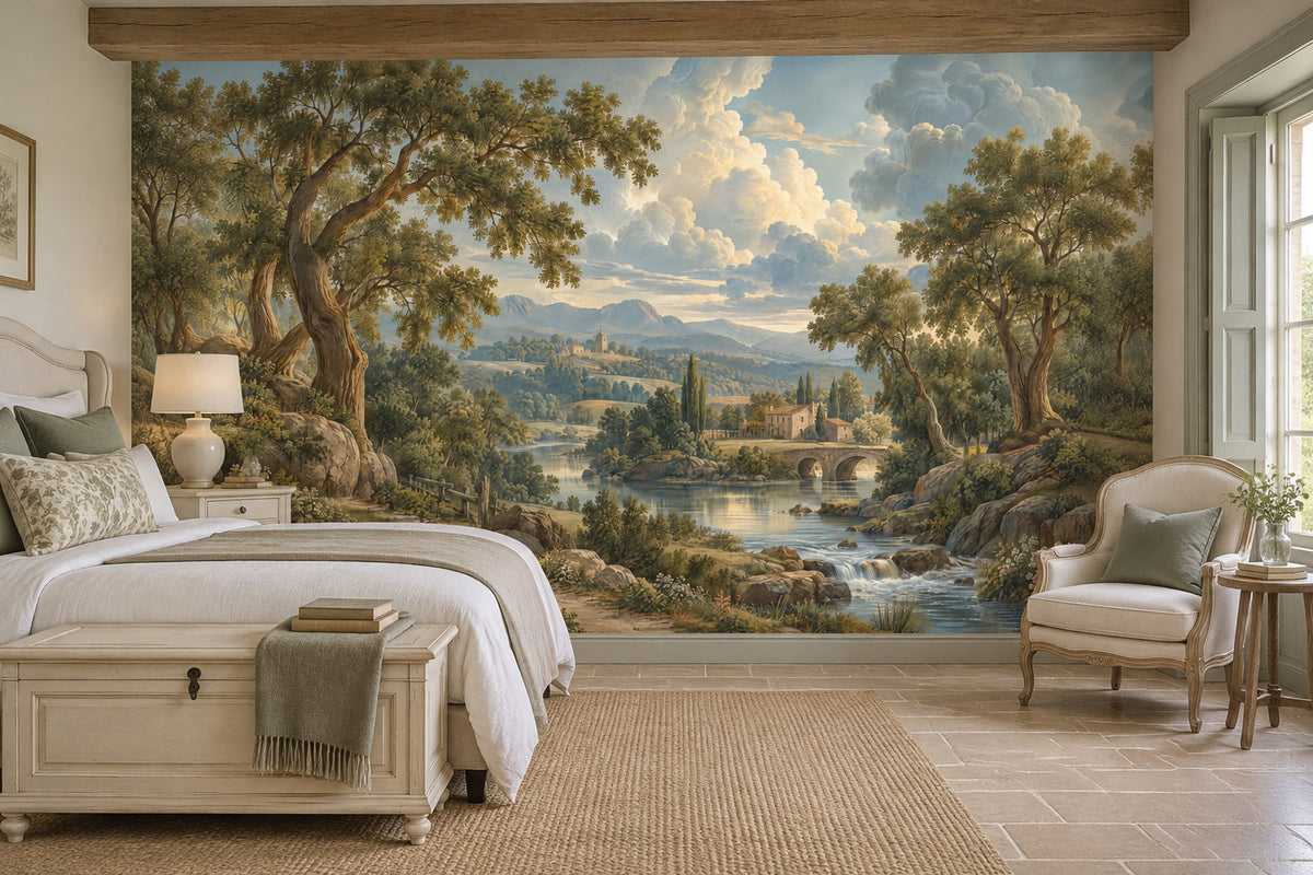 River And Stone Bridge Countryside Wallpaper Mural Vintage Inspired Landscape