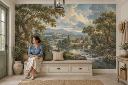 River And Stone Bridge Countryside Wallpaper Mural Vintage Inspired Landscape