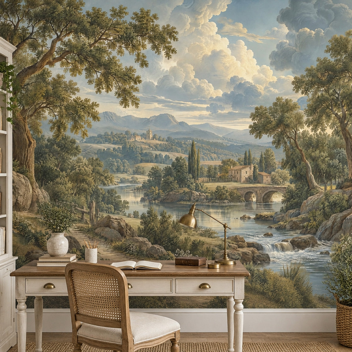 River And Stone Bridge Countryside Wallpaper Mural Vintage Inspired Landscape