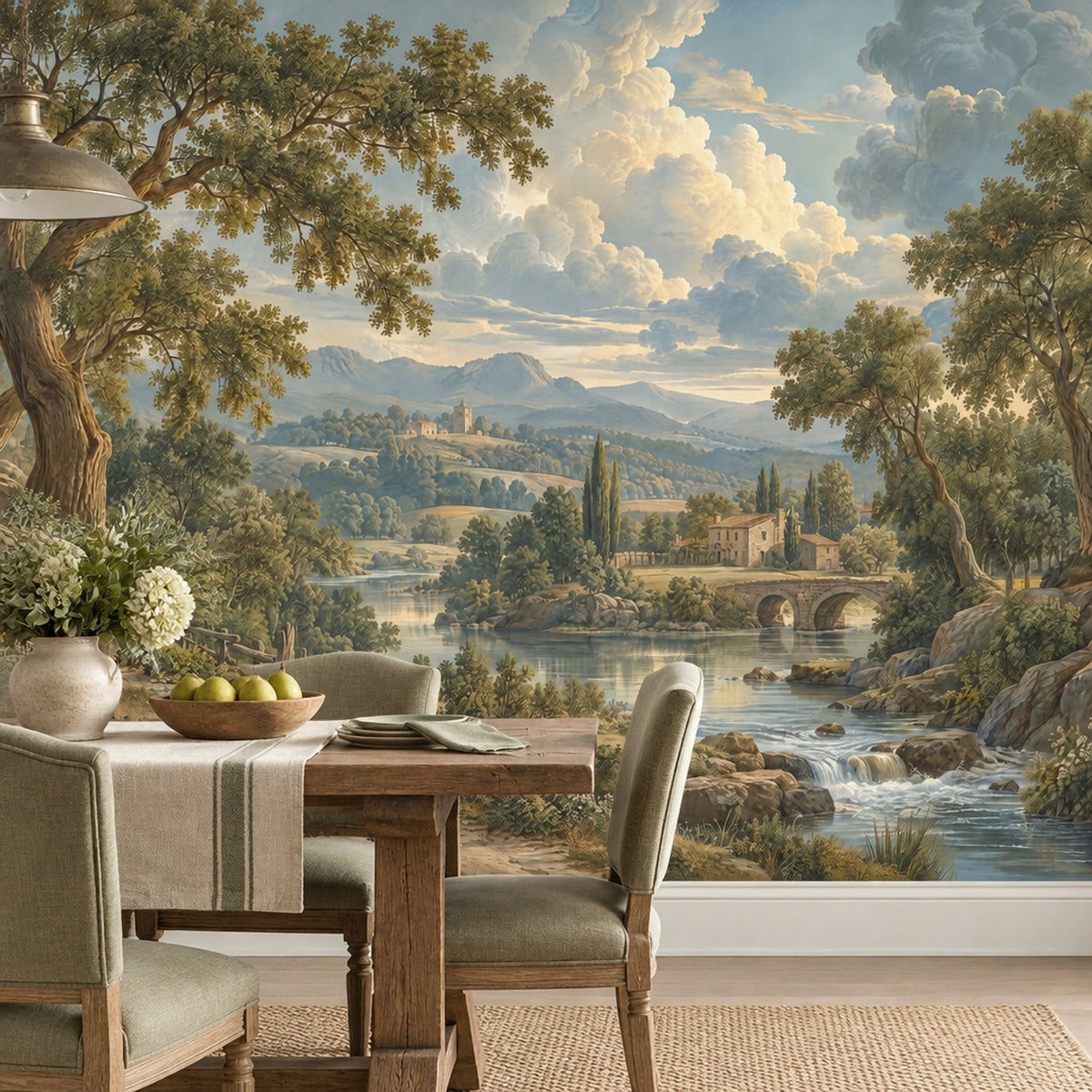 River And Stone Bridge Countryside Wallpaper Mural Vintage Inspired Landscape