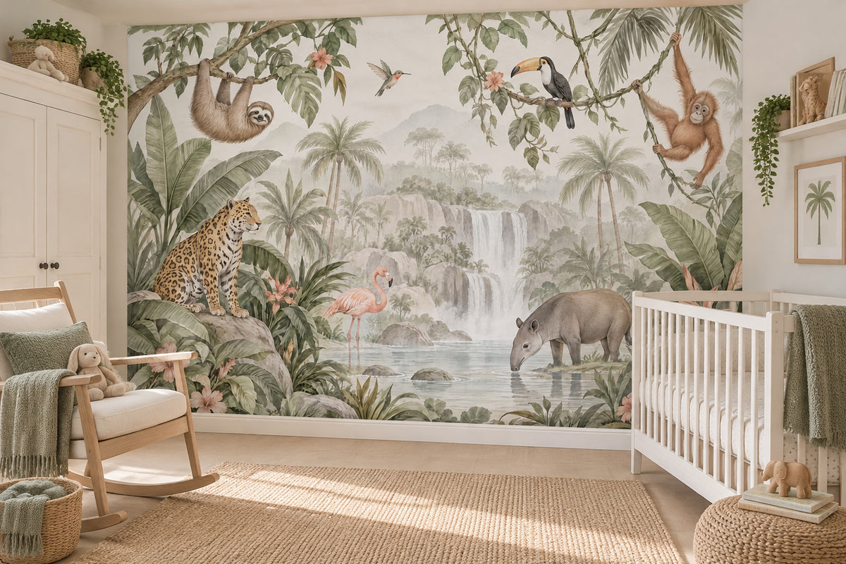 Tropical Jungle Animals Wallpaper Mural Watercolor: Soft Green Waterfalls