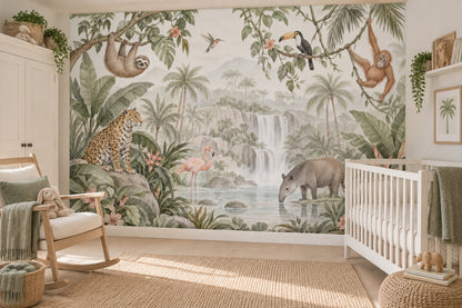 Tropical Jungle Animals Wallpaper Mural Watercolor: Soft Green Waterfalls
