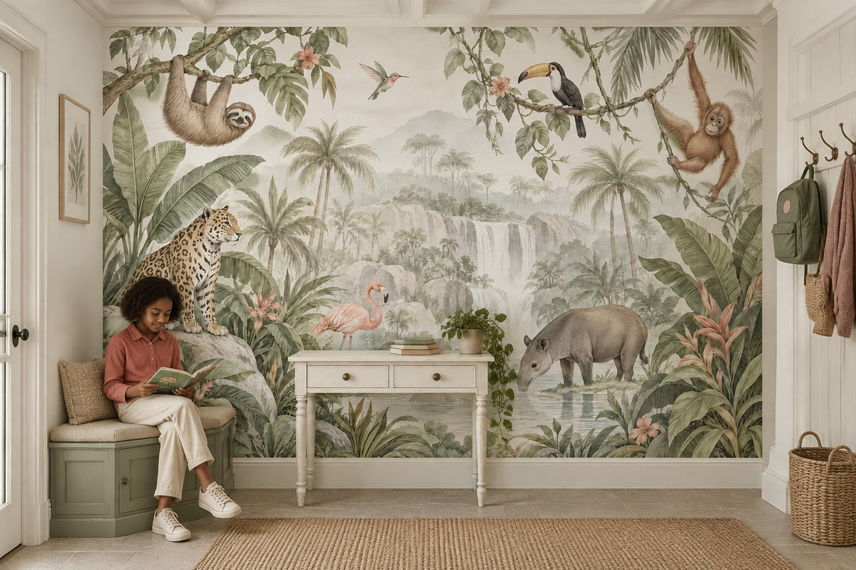 Tropical Jungle Animals Wallpaper Mural Watercolor: Soft Green Waterfalls