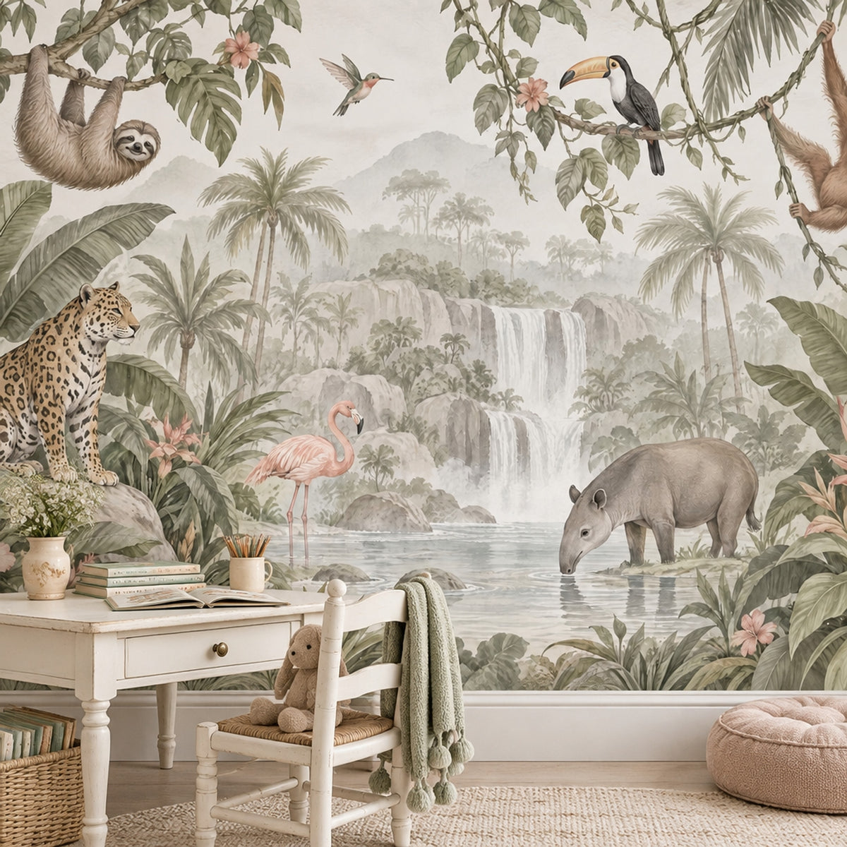 Tropical Jungle Animals Wallpaper Mural Watercolor: Soft Green Waterfalls