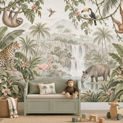 Tropical Jungle Animals Wallpaper Mural Watercolor: Soft Green Waterfalls