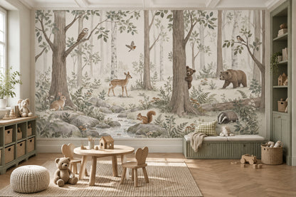Watercolor Woodland Animals Wallpaper Mural Soft Sage Green Forest