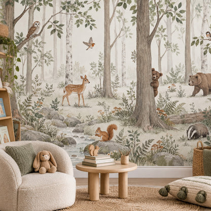 Watercolor Woodland Animals Wallpaper Mural Soft Sage Green Forest