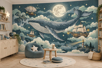 Flying Whale Wallpaper Mural In Teal Night Sky, Moonlit Fantasy