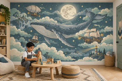 Flying Whale Wallpaper Mural In Teal Night Sky, Moonlit Fantasy